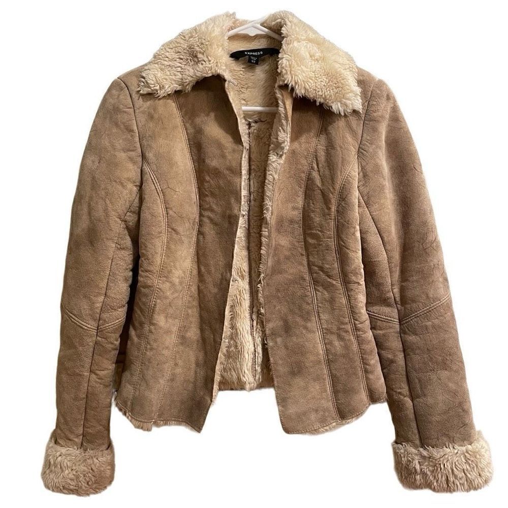 Express Jacket Women’s 1/2 Coat Suede Tan Shearling Bomber Mob Wife Aesthetic